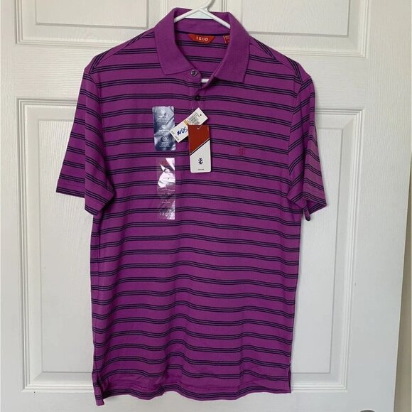 IZOD Men’s Small Purple Black Striped Windward Cool Polo UPF 15 Shirt - Picture 1 of 10